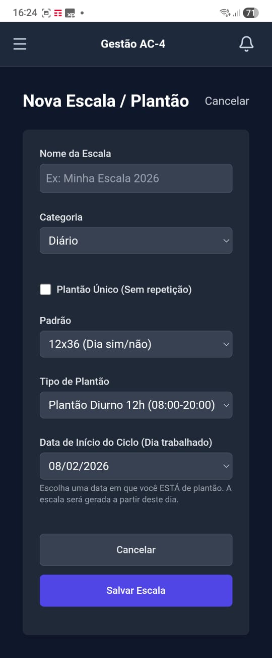 Cadastro de nova escala