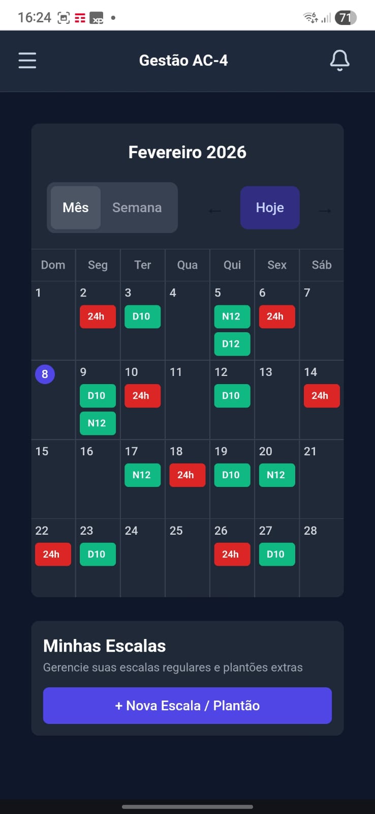 Calendário de escalas com plantões