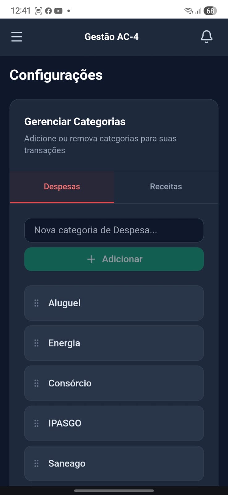 Tela de configurações e categorias