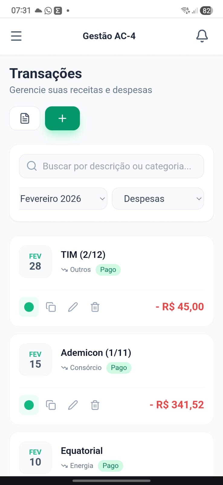 Lista de despesas com status